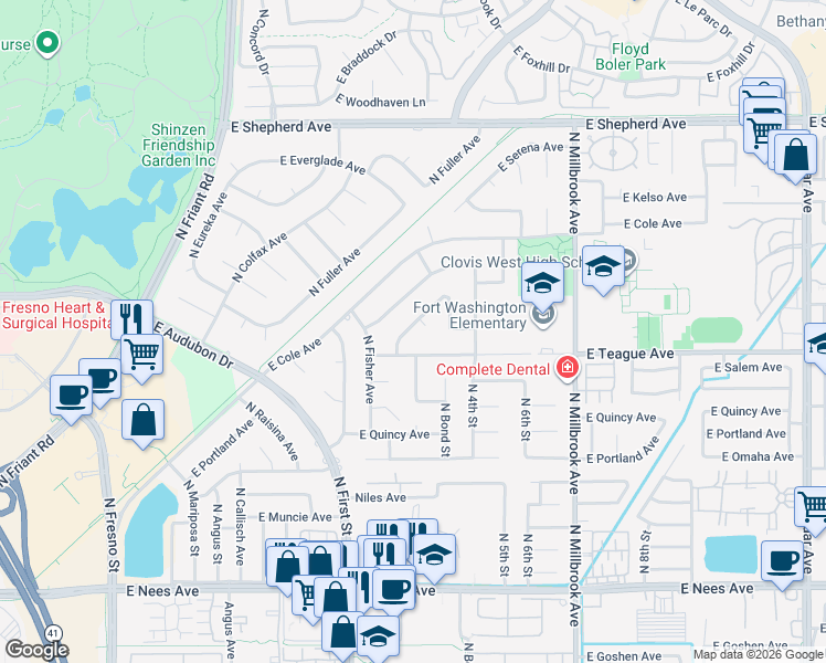 map of restaurants, bars, coffee shops, grocery stores, and more near 636 East Teague Avenue in Fresno