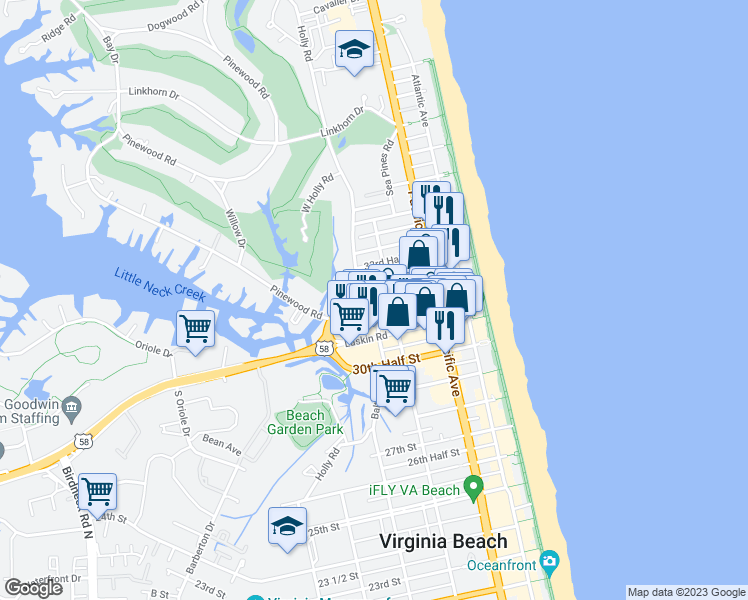 map of restaurants, bars, coffee shops, grocery stores, and more near 3215 Huntwick Lane in Virginia Beach