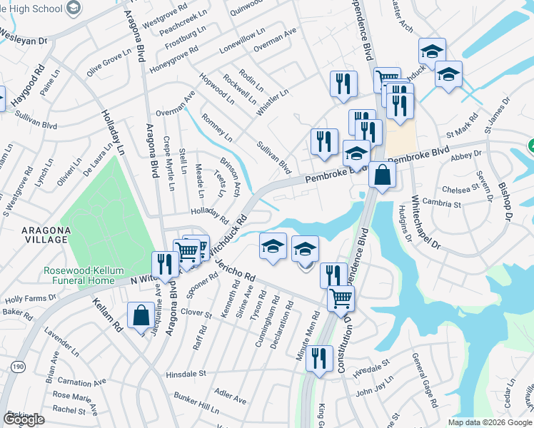 map of restaurants, bars, coffee shops, grocery stores, and more near 4661 Merrimac Lane in Virginia Beach