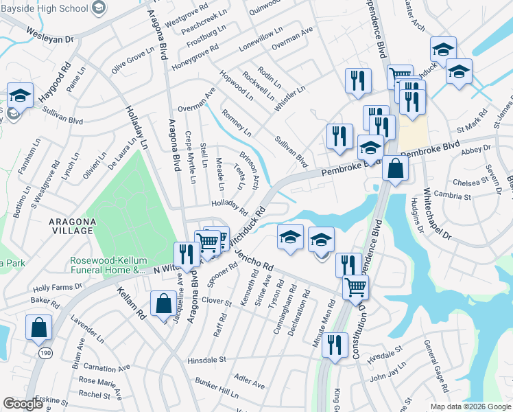 map of restaurants, bars, coffee shops, grocery stores, and more near 4705 Holladay Road in Virginia Beach