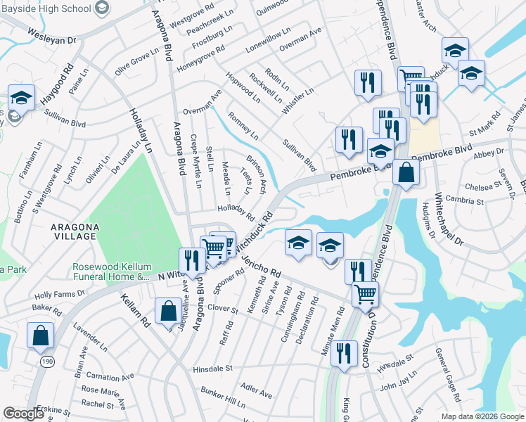 map of restaurants, bars, coffee shops, grocery stores, and more near 4705 Holladay Road in Virginia Beach