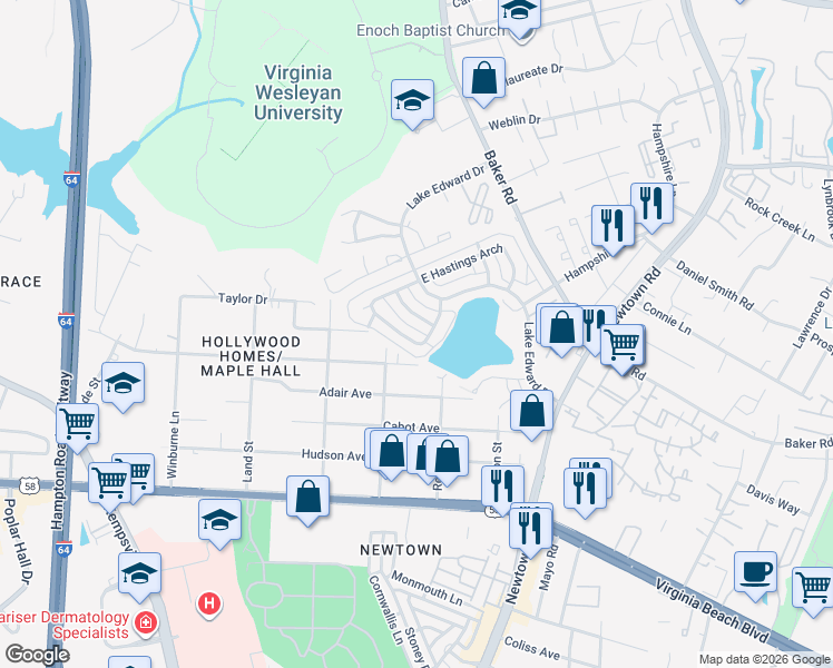 map of restaurants, bars, coffee shops, grocery stores, and more near 5749 West Hastings Arch in Virginia Beach