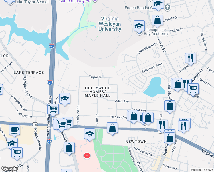 map of restaurants, bars, coffee shops, grocery stores, and more near 6344 Wailes Avenue in Norfolk