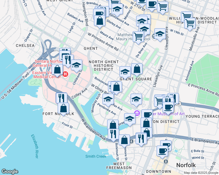 map of restaurants, bars, coffee shops, grocery stores, and more near 622 West Olney Road in Norfolk