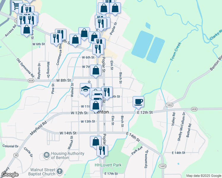 map of restaurants, bars, coffee shops, grocery stores, and more near 905 Elm Street in Benton