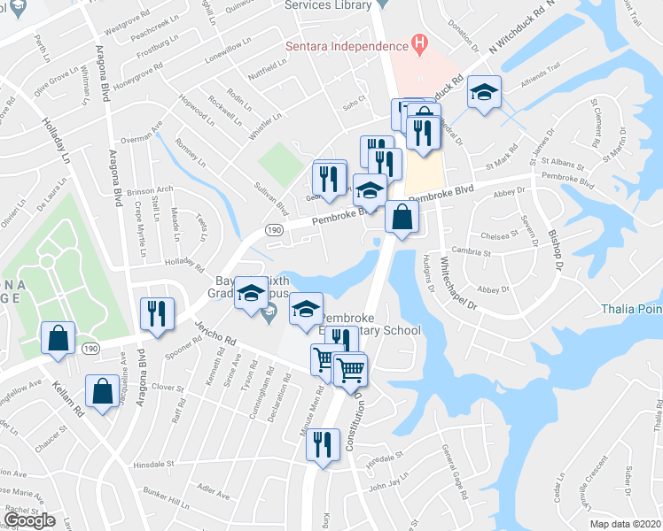 map of restaurants, bars, coffee shops, grocery stores, and more near 725 Emerald Lake Drive in Virginia Beach