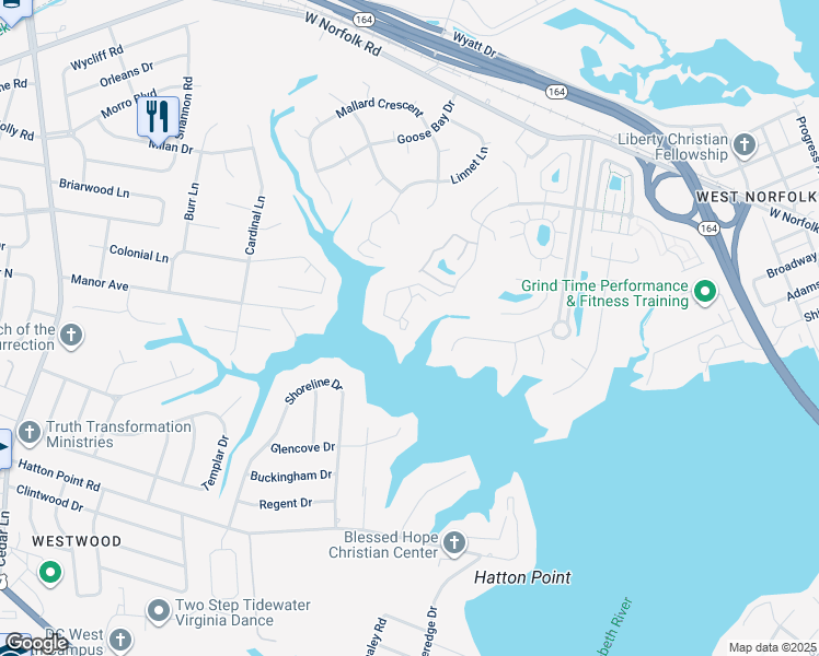 map of restaurants, bars, coffee shops, grocery stores, and more near 1402 Marsh Wren Circle in Portsmouth