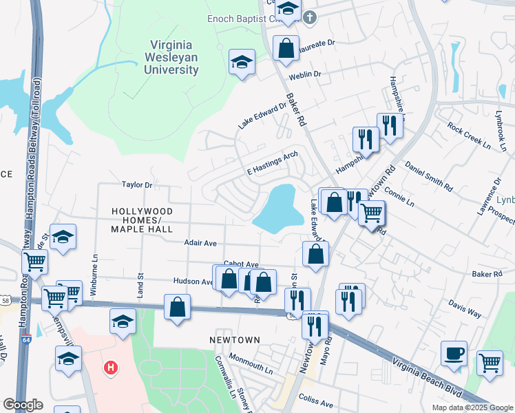 map of restaurants, bars, coffee shops, grocery stores, and more near 5731 Hastings West in Virginia Beach
