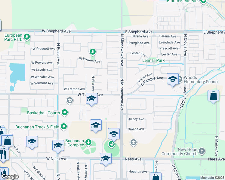 map of restaurants, bars, coffee shops, grocery stores, and more near 42 West Barcelona Lane in Clovis