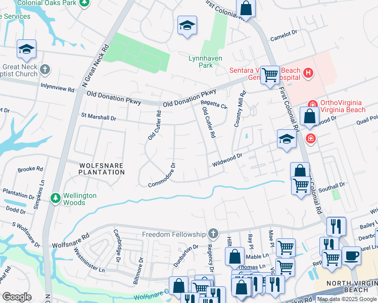 map of restaurants, bars, coffee shops, grocery stores, and more near 2100 Turnberry Cove in Virginia Beach