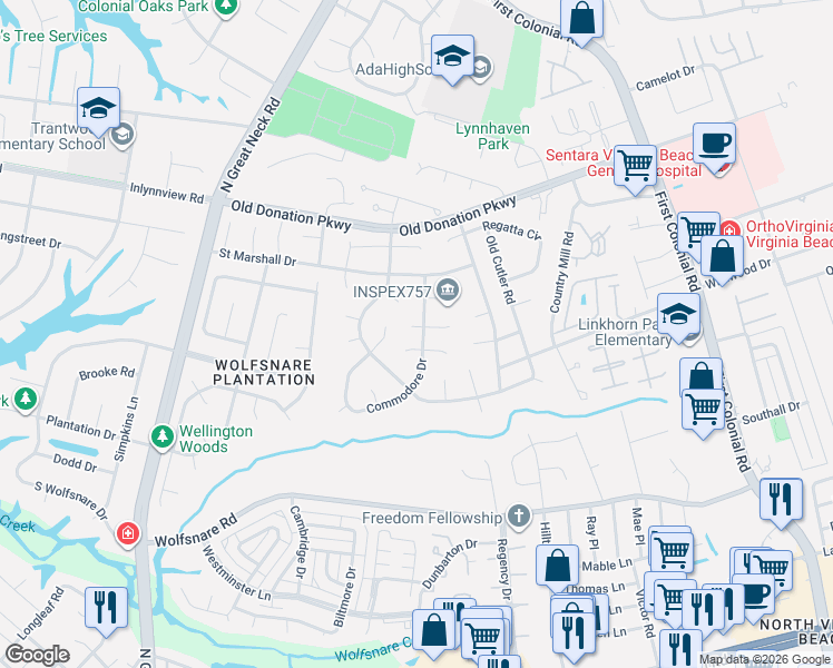 map of restaurants, bars, coffee shops, grocery stores, and more near 2200 Turnberry Court in Virginia Beach