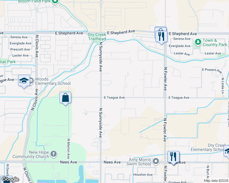 map of restaurants, bars, coffee shops, grocery stores, and more near 5090 East Teague Avenue in Clovis