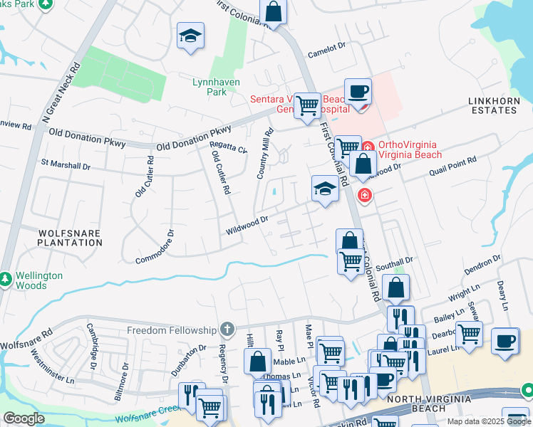 map of restaurants, bars, coffee shops, grocery stores, and more near 1807 Calash Way in Virginia Beach