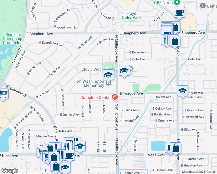 map of restaurants, bars, coffee shops, grocery stores, and more near 960 East Teague Avenue in Fresno