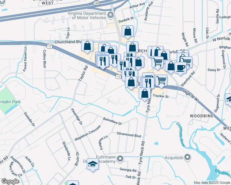 map of restaurants, bars, coffee shops, grocery stores, and more near 3413 Poplar Hill Court in Chesapeake