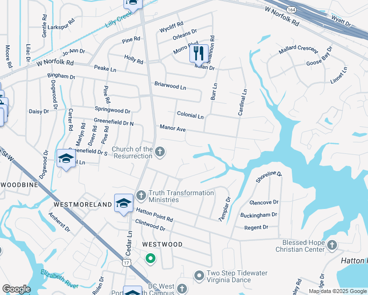 map of restaurants, bars, coffee shops, grocery stores, and more near 6 Canterbury Court in Portsmouth