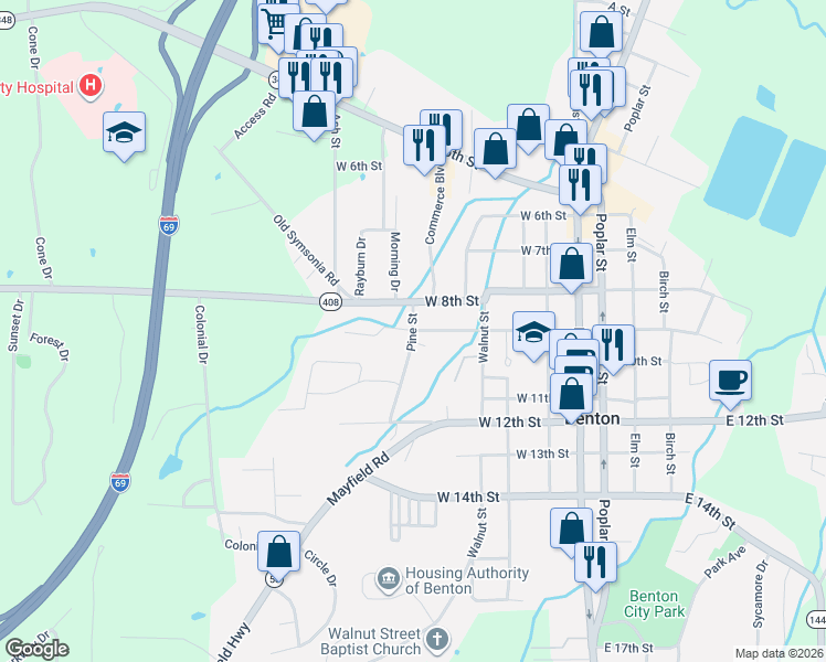 map of restaurants, bars, coffee shops, grocery stores, and more near 419 W 9th St in Benton