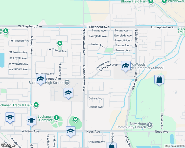 map of restaurants, bars, coffee shops, grocery stores, and more near 200 Trenton Avenue in Clovis