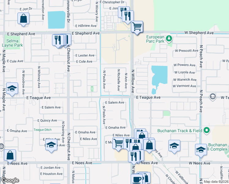 map of restaurants, bars, coffee shops, grocery stores, and more near 2815 East Trenton Avenue in Fresno