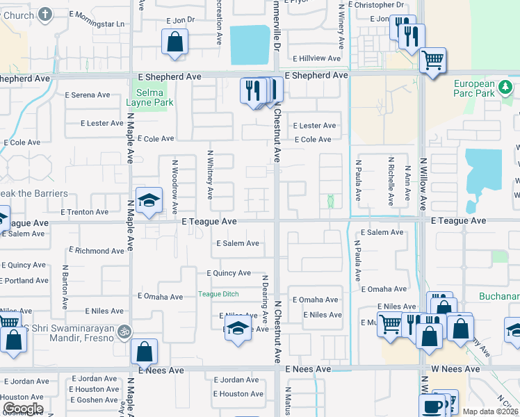 map of restaurants, bars, coffee shops, grocery stores, and more near 2404 East Marquise Court in Fresno
