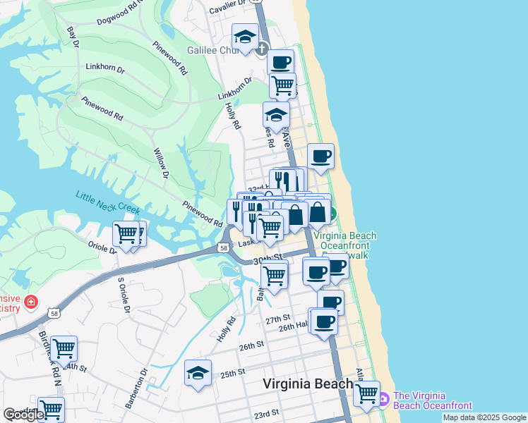map of restaurants, bars, coffee shops, grocery stores, and more near 3215 Huntwick Lane in Virginia Beach