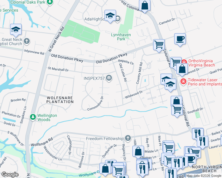 map of restaurants, bars, coffee shops, grocery stores, and more near 2100 Turnberry Cove in Virginia Beach