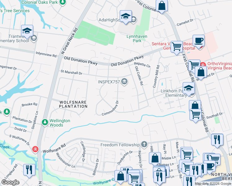 map of restaurants, bars, coffee shops, grocery stores, and more near 2200 Turnberry Court in Virginia Beach
