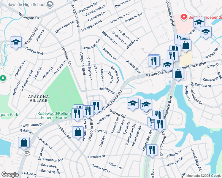 map of restaurants, bars, coffee shops, grocery stores, and more near 4712 Holladay Road in Virginia Beach