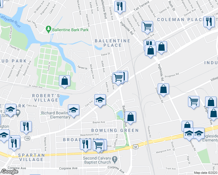 map of restaurants, bars, coffee shops, grocery stores, and more near 2100 Keller Avenue in Norfolk