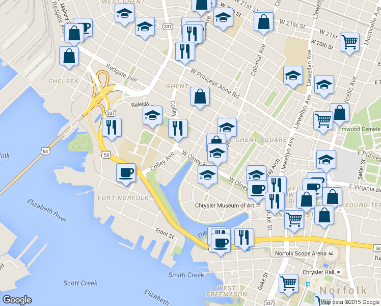 map of restaurants, bars, coffee shops, grocery stores, and more near 614 Fairfax Avenue in Norfolk