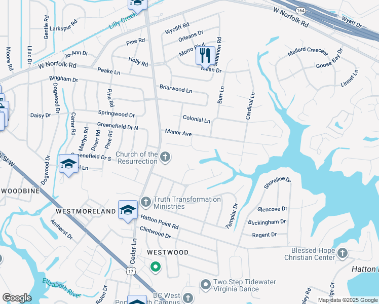 map of restaurants, bars, coffee shops, grocery stores, and more near 6 Canterbury Court in Portsmouth