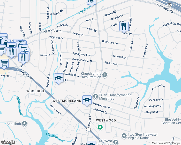 map of restaurants, bars, coffee shops, grocery stores, and more near 3509 Spence Road in Portsmouth