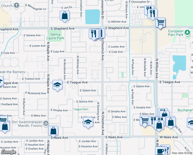 map of restaurants, bars, coffee shops, grocery stores, and more near 2404 East Marquise Court in Fresno