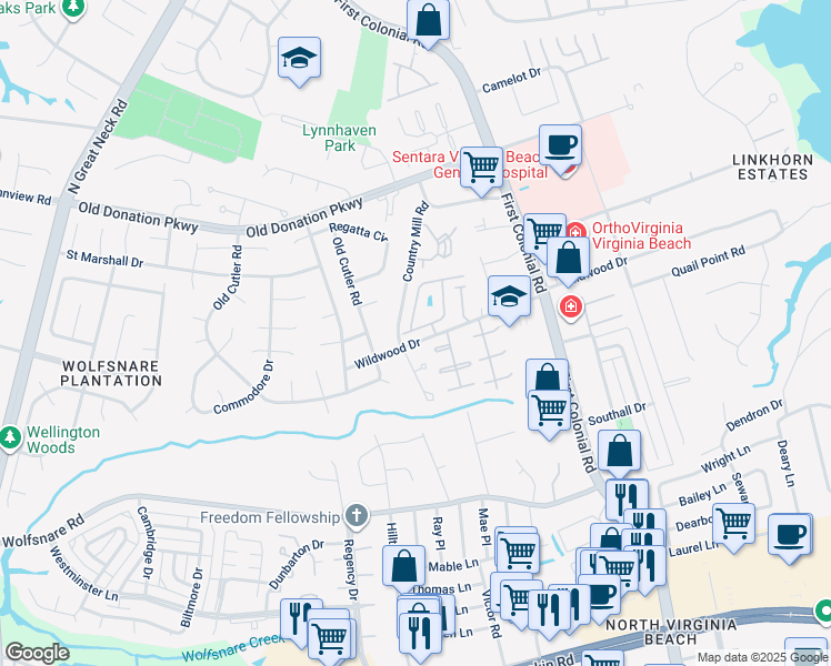 map of restaurants, bars, coffee shops, grocery stores, and more near 1815 Calash Way in Virginia Beach