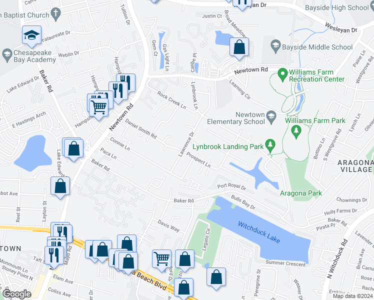 map of restaurants, bars, coffee shops, grocery stores, and more near 585 Prospect Lane in Virginia Beach