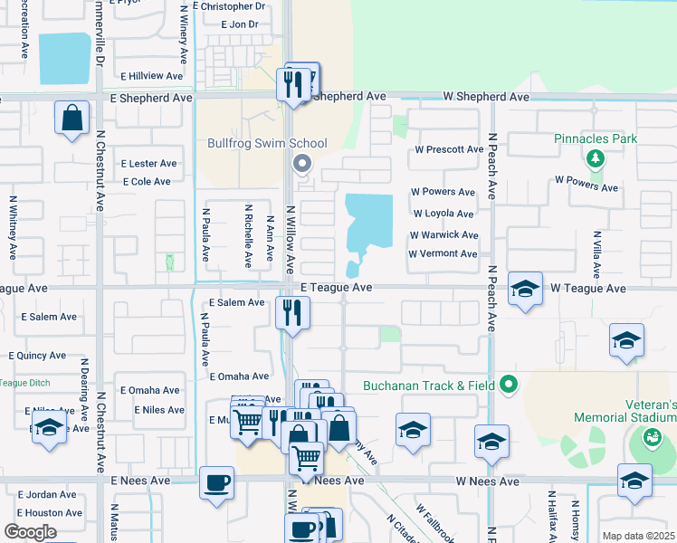 map of restaurants, bars, coffee shops, grocery stores, and more near 1619 North Monaco Lane in Clovis