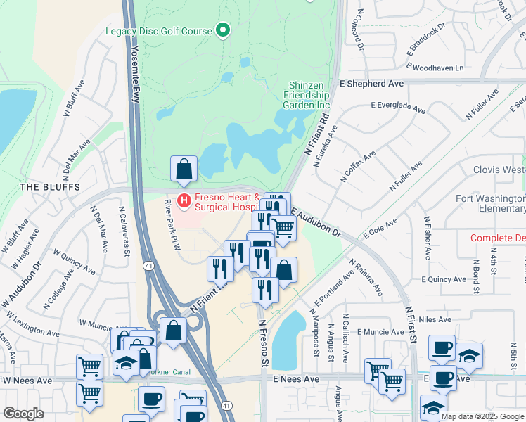 map of restaurants, bars, coffee shops, grocery stores, and more near 9 River Park Place East in Fresno