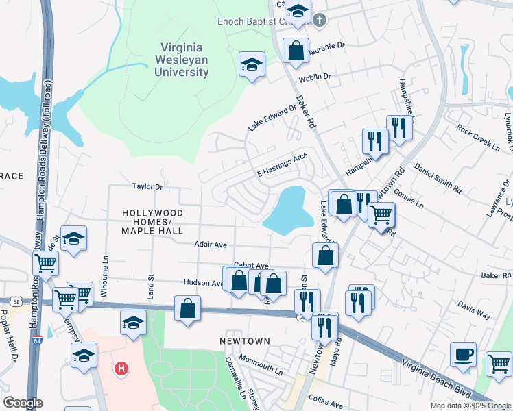 map of restaurants, bars, coffee shops, grocery stores, and more near 612 Red Horse Ln in Virginia Beach