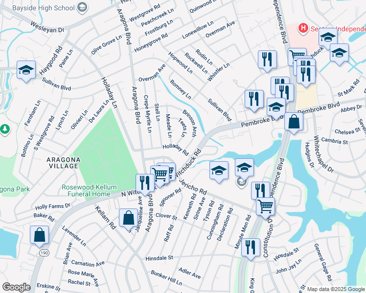 map of restaurants, bars, coffee shops, grocery stores, and more near 4712 Holladay Road in Virginia Beach
