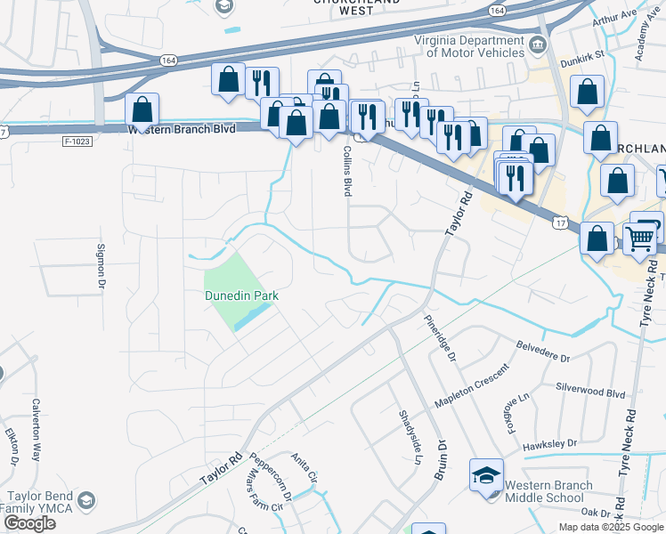 map of restaurants, bars, coffee shops, grocery stores, and more near 3405 Bernies Court South in Chesapeake