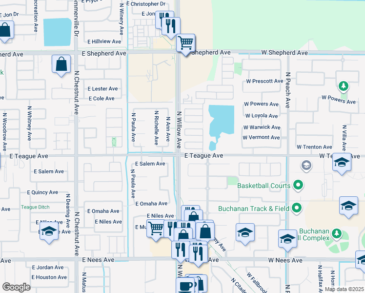 map of restaurants, bars, coffee shops, grocery stores, and more near 1618 North Dublin Lane in Clovis