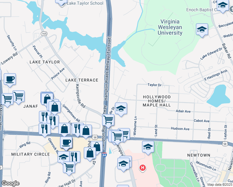 map of restaurants, bars, coffee shops, grocery stores, and more near 6200 Wailes Avenue in Norfolk