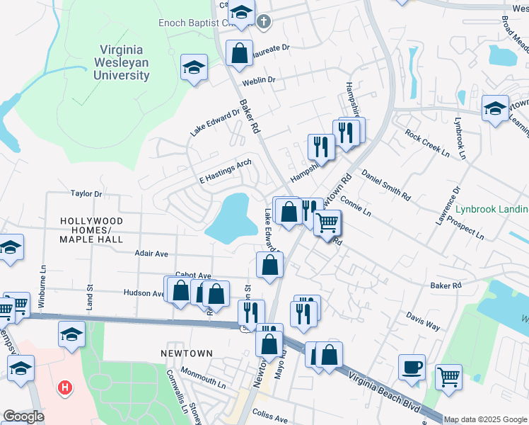 map of restaurants, bars, coffee shops, grocery stores, and more near 631 Lake Edward Drive in Virginia Beach