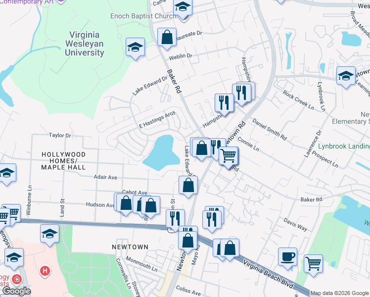 map of restaurants, bars, coffee shops, grocery stores, and more near 5717 Volsung Court in Virginia Beach