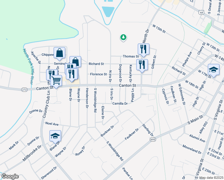 map of restaurants, bars, coffee shops, grocery stores, and more near 104 South Iris Drive in Hopkinsville