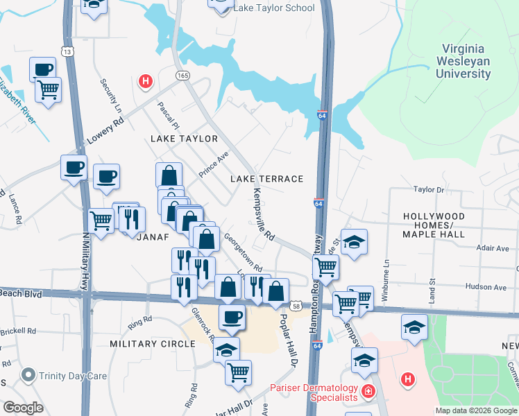 map of restaurants, bars, coffee shops, grocery stores, and more near 1107 Kempsville Road in Norfolk