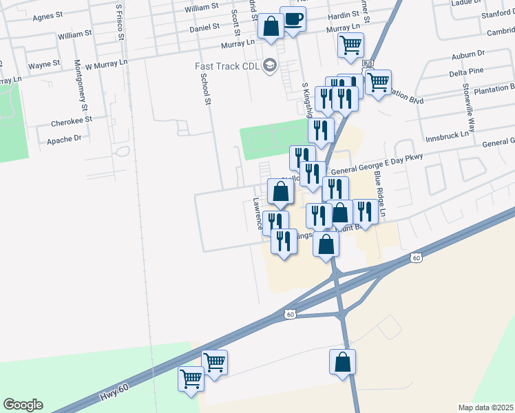map of restaurants, bars, coffee shops, grocery stores, and more near 12058 Lawrence in Sikeston