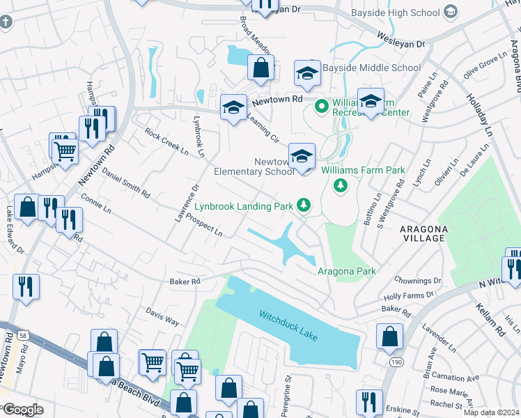 map of restaurants, bars, coffee shops, grocery stores, and more near 609 Fox Creek Court in Virginia Beach