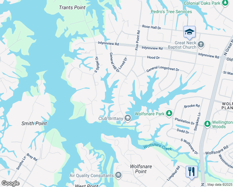 map of restaurants, bars, coffee shops, grocery stores, and more near 837 Five Point Road in Virginia Beach