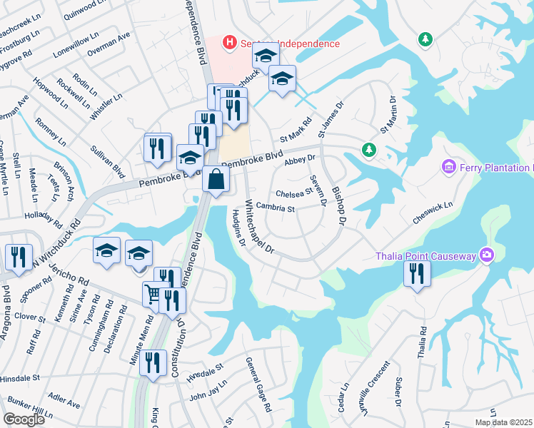 map of restaurants, bars, coffee shops, grocery stores, and more near 656 Whitechapel Drive in Virginia Beach